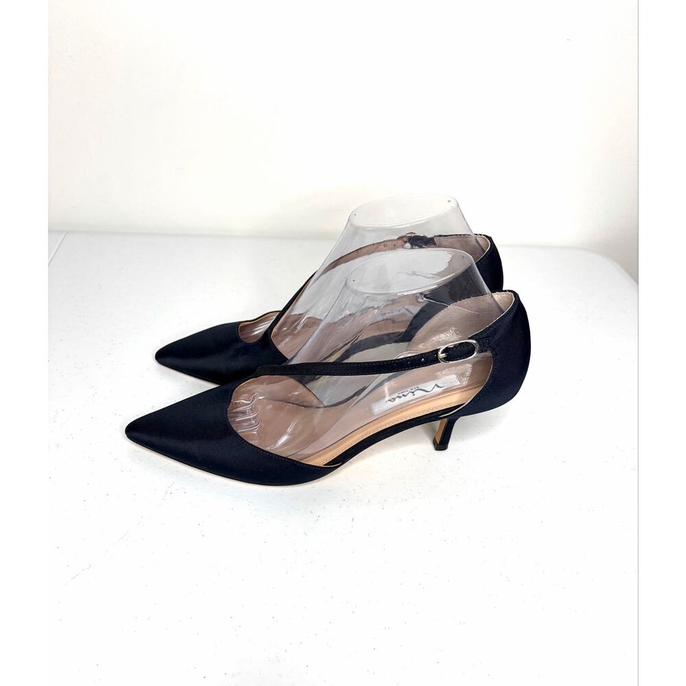 Nina Tirisa Pointed Toe Pumps Women's Sz 7.5 Navy Satin Cross Strap Formal Gala - Picture 4 of 11